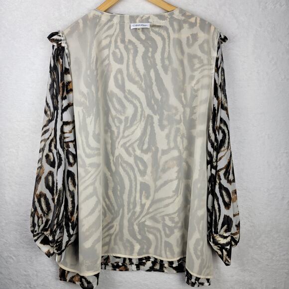 2X Blouse VNeck Animal Button Up Flowy Sheer Long Sleeve Tunic Top Office Career - Picture 7 of 12